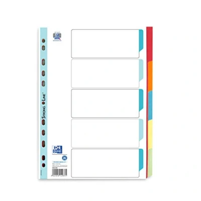 Obrázek Rejstřík z kartonu Oxford 400034589 Strong Line pro DIN A4 blanko 1 5dílný, s plastovou fólií zesílenou červenou oranžovou modrou žlutou zelenou knihou pořadač Kroužkový kroužkovým sešity sešívačka