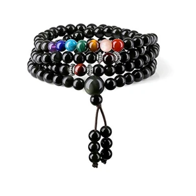 Obrázek COAI Unisex nápad na dárek 108 Mala náhrdelník ovinovací náramek z drahokamu, Duhový obsidián, červený achát, sluneční kámen, hnědé tygří oko, malachit, apatit, lapis lazuli, ametyst, Obsidián