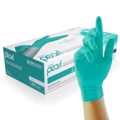 Obrázek Unigloves Green Pearl Nitril Untersuchungshandschuhe vielseitig einsetzbar, puderfreie und latexfreie Einweghandschuhe Box mit 100 Handschuhen, Grün, Groß (GP0044)