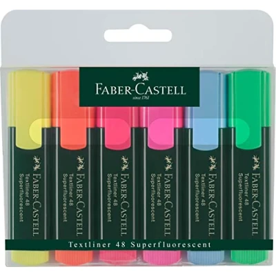 Obrázek Faber Castell 154806 sada zvýrazňovačů TL 48, 6dílná pouzdra, neonové barvy, s klínovým hrotem dlouhou životností, šířka čáry 15 mm, doplňovací