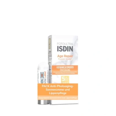 Obrázek ISDIN Pack Fusion FotoUltra Age Repair LSF 50, ultralehký, tónovaný opalovací krém na obličej, účinek a vodní formule, 50 ml balzám rty s 30, opravuje hydratuje