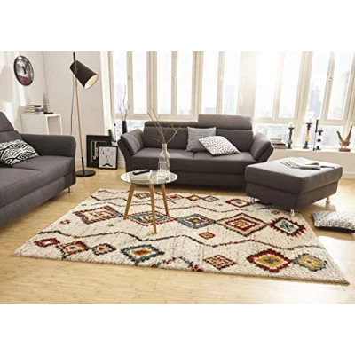 Obrázek Mint Rugs Geometrický koberec s vysokým vlasem, do obývacího pokoje, měkký, flaušový, dlouhý vlas Shaggy Flokati Boho etno design pro dětský pokoj, ložnici, kuchyň, chodbu, krémově pestrý 120 x 170 cm
