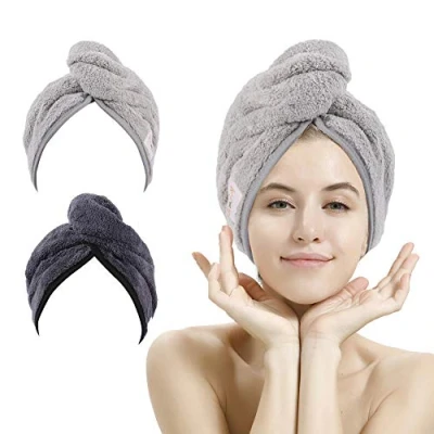 Obrázek M bestl 2 kusy ručníků Turban, ručník na vysoušení vlasů z mikrovlákna s knoflíkovým designem pro sušení (tmavě šedá a světle