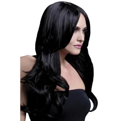 Obrázek Smiffys Kolekce Fever paruka Khloe, černá, dlouhá, vlnitá se střední částí, 56 cm/22 palců