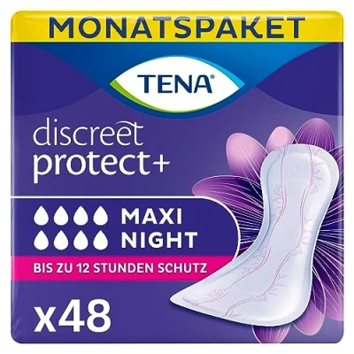 Obrázek TENA Discreet Maxi Night 48 vložek v měsíčním balení (8 x 6 kusů), jednotlivě balené hygienické vložky pro ženy při středně těžké až slabosti močového měchýře noci