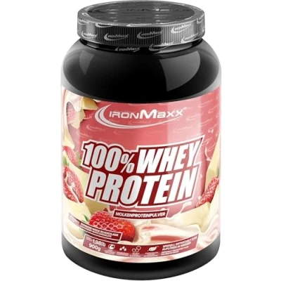Obrázek IronMaxx 100% Whey Protein prášek jahoda bílá čokoláda 900 g dóza redukovaný cukr, ve vodě rozpustný proteinový ze syrovátkového proteinu mnoho různých příchutí