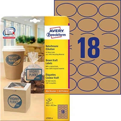 Obrázek Avery Zweckform L7103 25 produkt pro etikety (A4, 450 kusů, oválný, 42,3 X 63,5 mm) listů přírodně hnědá