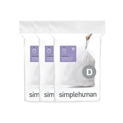 Obrázek simplehuman CW0254 Code D přesné pytle na odpadky, 20 litrů, 3 x balení po (60 kusech), bílý plast
