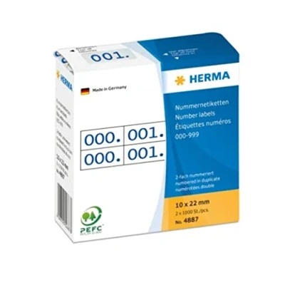Obrázek HERMA 4887 Číselné štítky čísla 0 999, dvojité, 2000 kusů, 22 x 10 mm, samolepicí, matné, 2krát průběžné papírové číselné štítky, příloh v zásobníku, modrý potisk