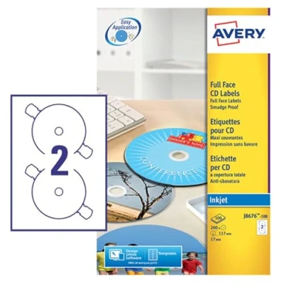 Obrázek Avery Zweckform, J8676 100, CD etikety, 100 listů, speciální formát Supersize, do 2880 dpi, rychle schnoucí, Spezielbeschichtet, Ø 117 mm