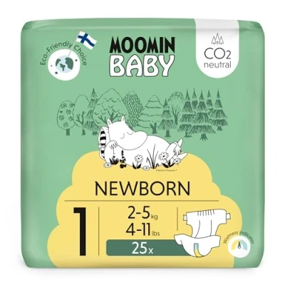 Obrázek Eko plenky Moomin Baby Novorozenec, velikost 1, 25 kg, kusů, Měkké prémiové s indikátorem vlhkosti a šetrné k pokožce, prodyšné, savé, bez zbytečných chemikálií
