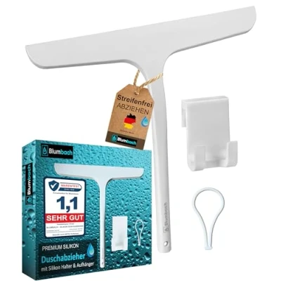 Obrázek BLUMBACH® stahovák sprcha s držákem, sprchová stěrka bílá 28 cm široká silikon nerezovým jádrem, sprchových koutů, vody, Shower Squeegee, na okna