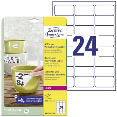 Obrázek AVERY Zweckform L4773REV 20 fóliové etikety odolné proti povětrnostním vlivům (480 nálepek, 63,5 x 33,9 mm na A4, samolepicí, voděodolné, znovu odstranitelné, odolné, potiskovatelná venkovní lepicí