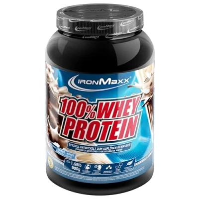 Obrázek IronMaxx 100% Whey Protein prášek čokoládový kokosový 900 g dóza redukovaný cukr, ve vodě rozpustný proteinový ze syrovátkového proteinu mnoho různých příchutí