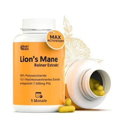 Obrázek Lions Mane Ultrakoncentrované &gt; 50% polysacharidy, &gt;15% βGlucanes, 100% ovocné tělo 7500 mg 5 měsíců, pouze 1 kapsle/den Hericium Erinaceus: paměť, mozek, emocionální a střevní zdraví