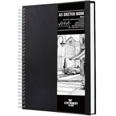 Obrázek STATIONERY ISLAND skicák A3, 200 g/m² silný papír, spirálově vázaný kreslicí kniha A3 Hardcover, pro skicování, ilustrace, portrét, 50 listů/100 stran