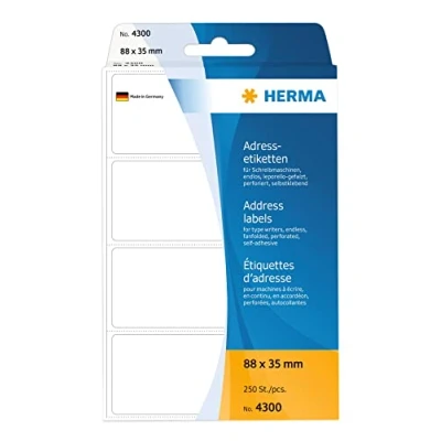Obrázek HERMA 4300 adresní štítky pro psací stroje, nekonečné, 88 x 35 mm, 250 kusů, samolepicí, matné, přeložené leporello, prázdný papír, nálepky, lepicí etikety, bílé
