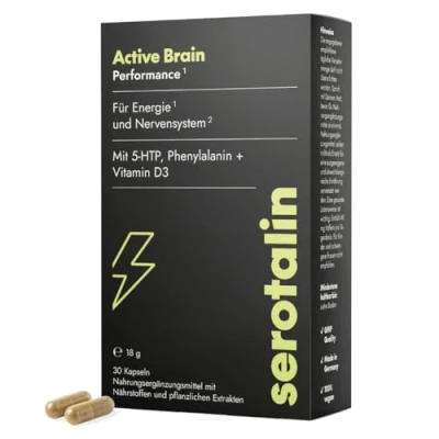 Obrázek serotalin® Originální nádoby Energie, motivace a zaměření s Griffonia + vitaminem D3 fenylalanin vitamin B12, B6, zinek, chrom kofein 100% veganské, 30 kapslí na 1 měsíc