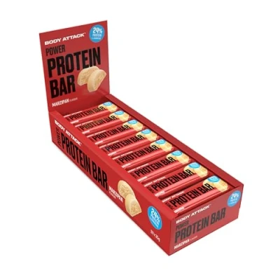 Obrázek Body Attack POWER PROTEIN BAR marcipán, 24 x 35 g Fitness proteinová tyčinka s nízkým obsahem tuku proteinové tyčinky důležitými vitamíny, L karnitin a 25% kvalitní mléčné bílkoviny Made in