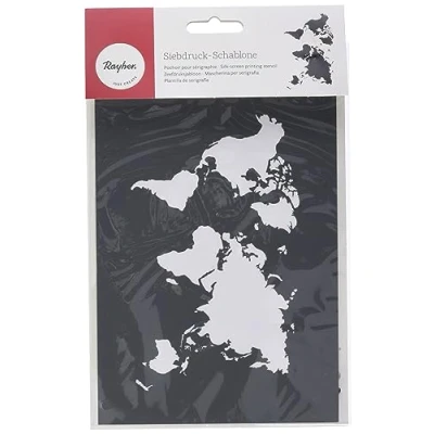 Obrázek Rayher 45100000 šablona World Map, formát DIN A5, se stěrkou, sítotisková šablona, na malování, samolepicí, šedá