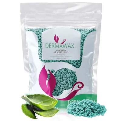Obrázek Dermawax 1 kg Aloe Vera horký vosk voskové perly použití bez voskových proužků odstraňování chloupků intimní oblast bikiny, nohy, obličej, paže, podpaží, záda, prsa, depilace, na obočí (1 kg)