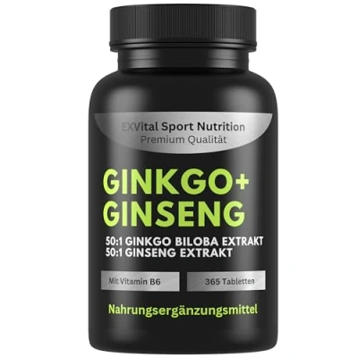 Obrázek EXVital® ginkgo + ženšen, 365 tablet, 50: 1 rostlinné výtažky, vysoká dávka biloba a korejský ženšen laboratorně testováno veganský