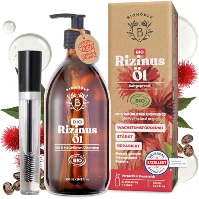 Obrázek Bionoble Ricinový olej bio 500 ml 100 % čistý, přírodní, lisovaný za studena řasy, obočí, vlasy, vousy, nehty Vegan, Cruelty Free Castor Oil skleněná láhev + pumpa řasenka Kit