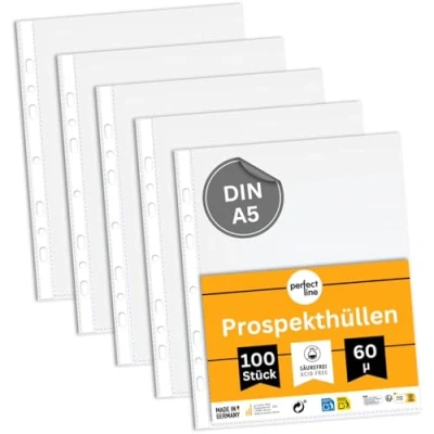 Obrázek perfect line 100 prospektových obalů DIN A5, průhledné fólie transparentní, zdrsněné, MADE IN GERMANY