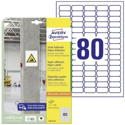 Obrázek AVERY Zweckform L7872 20 silně přilnavé etikety (1 600 nálepek, 35,6 x 16,9 mm na A4, extrémně samolepicí, také pro obtížné povrchy, lze potisknout Power lepicí etikety) listů, bílá