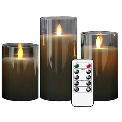 Obrázek Eldnacele LED Kerzen mit Timerfunktion flackernde Flamme, elektrische Echtwachskerzen im Glas, beweglicher Docht, 3 teilige flammenlose Set Fernbedienung, Art u. Zimmer Deko, Grau