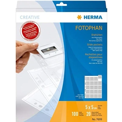 Obrázek HERMA 7699 pouzdra na diapozitivy pro zarámované diapozitivy, 100 kusů, 5 x cm, 20 dělených přihrádek, čiré/matné, oboustranně viditelné, fotofan obaly fotoshledy sběratelské s