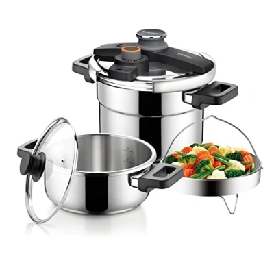 Obrázek Tescoma ULTIMA DUO Schnellkochtopf 2 Stück 4,0 &amp; 6,0 l Dual Kochkapazität Platzsparend Einhandbedienung IDEALCOOK Druck Für Alle Herdarten Inkl. Universellem Glasdeckel