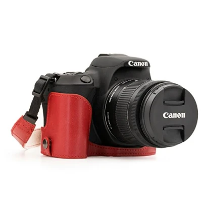Obrázek MegaGear &quot;vždy připraven&quot; kůže pouzdro na kameru pro Canon EOS Rebel SL2, 200D, Kiss X9 Half Bottom mobilní telefony odolný, odolné proti poškrábání a odolnost nárazu, červená