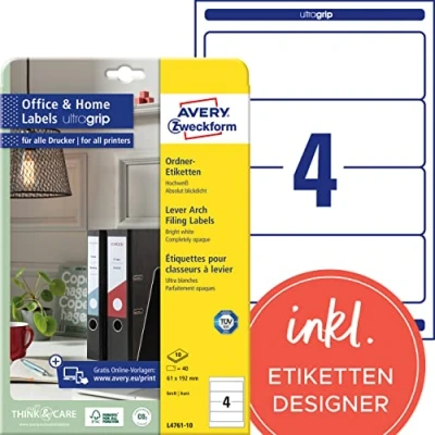 Obrázek AVERY Zweckform L4761 10 Etikety na hřbety pořadačů (40 štítků hřbetu pořadače s ultragripem, 61 x 192 mm A4, široké/krátké, samolepicí, absolutně neprůhledné, potiskovatelné štítky pořadače)