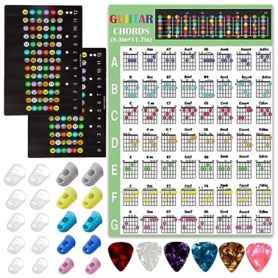 Obrázek Gitarren Fingerspitzenschutz, Fingerschutz, Silikonabdeckungen für Gitarre, Bass, Ukulele, mit 2 Griffbrett Aufklebern und Akkorddiagramm, 20 Stück