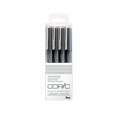 Obrázek COPIC Multiliner Set, Cool Gray, 4 mikrofix v různých tloušťkách tahů, zvýrazňovací tužky s jemnou špičkou a voděodolným pigmentovým inkoustem