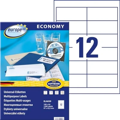 Obrázek Europe100 zboží ELA039 adresní nálepky (1. 200 lepicích štítků, 97 x 42,3 mm na A4, papír matný, individuálně potisknutelné, samolepicí etikety, kompatibilní s AVERY 3659) 100 listů, bílé