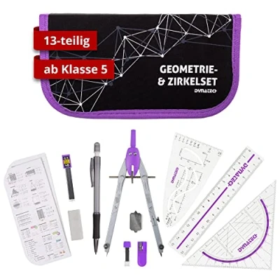 Obrázek DynaTech sada kružítek geometrická 13dílná s rychloupínacím kružítkem, trojúhelníkem, parabolkou, tužkou, pravítkem, ořezávátkem a náhradními náplněmi v pouzdře praktická matematická vč.