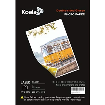 Obrázek KOALA Fotopapír pro laserové tiskárny, oboustranný, lesklý, A4, 200 g/m², 100 listů. Vhodný tisk fotografií, certifikátů, brožur, letáků, pohlednic, kalendářů, umění