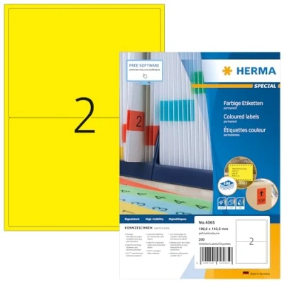 Obrázek HERMA 4565 barevné etikety žluté, 100 listů, 199,6 x 143,5 mm, 2 na arch A4, 200 kusů, samolepicí, potisknutelné, matné, prázdné papírové štítky nálepky