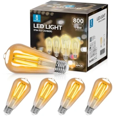 Obrázek Aigostar Edison vintage lampa E27,8 W LED žárovky antická žárovka, teplá bílá 2200 K, 800 LM dekorativní ideální pro nostalgické a retro osvětlení v domě kavárně bar 4 kusy