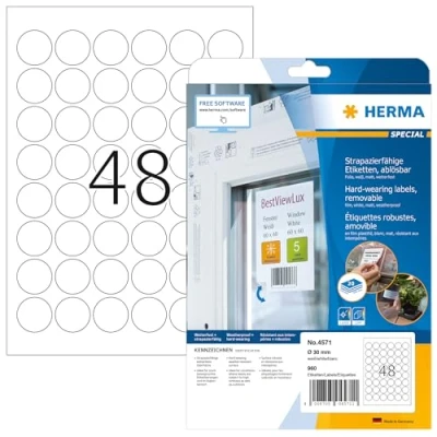 Obrázek HERMA 4571 Fóliové etikety odolné vůči povětrnostním vlivům odstranitelné, kulaté, 20 listů, Ø 30 mm, 48 na arch A4, 960 kusů, samolepicí, lze potisknout, matné, prázdné lepicí z fólie, bílé