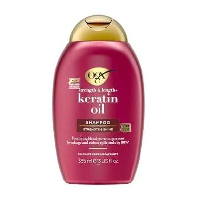 Obrázek OGX Strength &amp; Length + Keratin Oil Shampoo (385 ml), posilující šampon proti lámání vlasů s keratinovými proteiny a arganovým olejem, péče o vlasy šampon, bez sulfátů