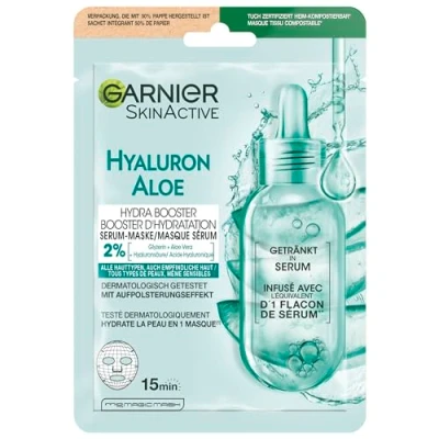 Obrázek Garnier Textilní maska, obličejová maska pro všechny typy pleti, osvěžující a hydratační, s kyselinou hyaluronovou Aloe Vera, Hydra Bomb, 28 g
