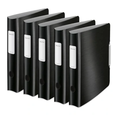 Obrázek Leitz Qualitäts Ordner 180 Active Style, 5er Pack, A4, Schmal, Satin Schwarz, Abgerundeter Rücken mit 6,5 cm Rückenbreite, Gummibandverschluss, Leichtes Polyfoam, 11090094