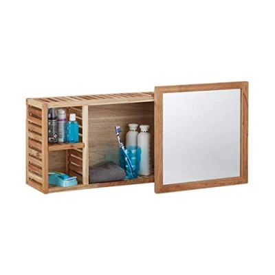 Obrázek Relaxdays Nástěnný regál se zrcadlem, vlašský ořech, posuvné zrcadlo, naolejované dřevo, 80 cm široký, perfektní do koupelny, přírodní