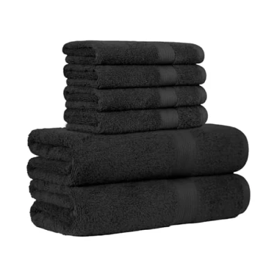 Obrázek Sada ručníků Amazon Basics, odolné proti vyblednutí, 2 osušky a 4 ručníky, černé, 100% bavlna 500 g/m²