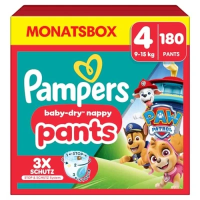 Obrázek Pampers Plenky Tlapková patrola Pants velikost 4 (9 15 kg) Baby Dry, Maxi s kapsičkou pro zastavení a ochranu, měsíční box, 180 plenek do kalhotek