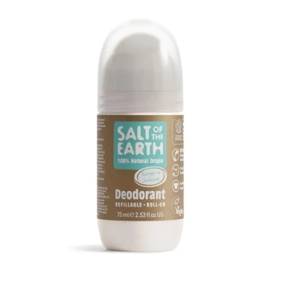 Obrázek Salt of the Earth Deodorant Roll On by Earth, Amber &amp; Sandalwood opakovaně plnitelné, veganské, dlouhotrvající ochrana, Leaping Bunny Approved, Made in UK 75 ml