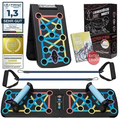 Obrázek Body &amp; Mind® Push up skládací multifunkční fitness disk Elite Rack pro trénink celého těla a efektivní kliky; kliky s volnými tréninkovými pásy e knihou